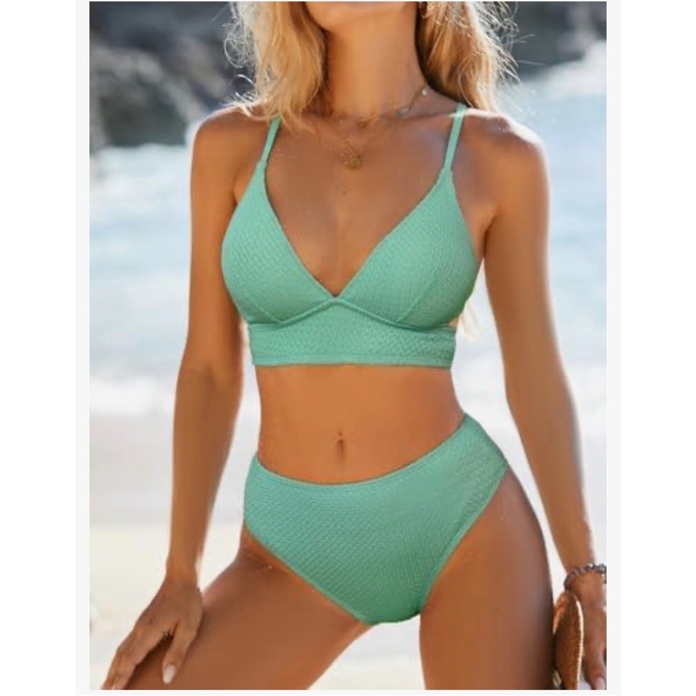 Cupshe Mint Green Textured High Waisted Bikini Set S
